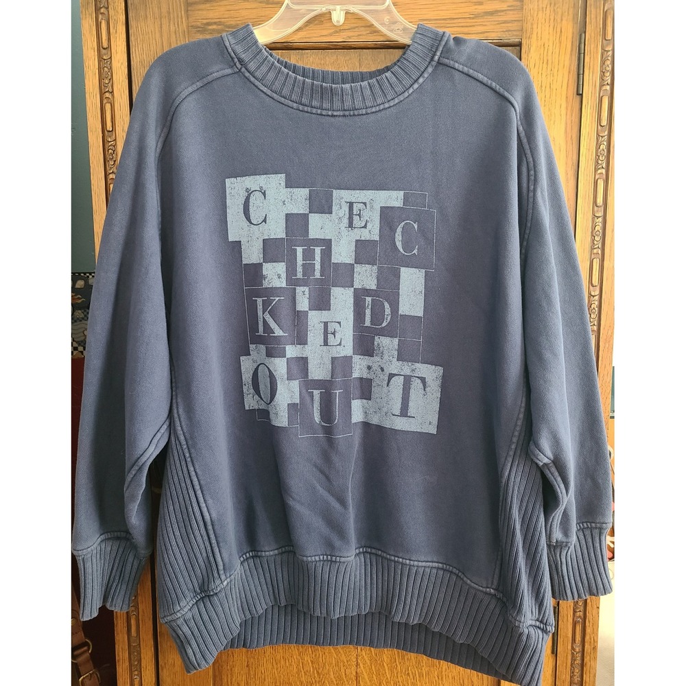 Aerie Checked Out Graphic Oversized Sweatshirt Navy Blue Ribbed Panel Small